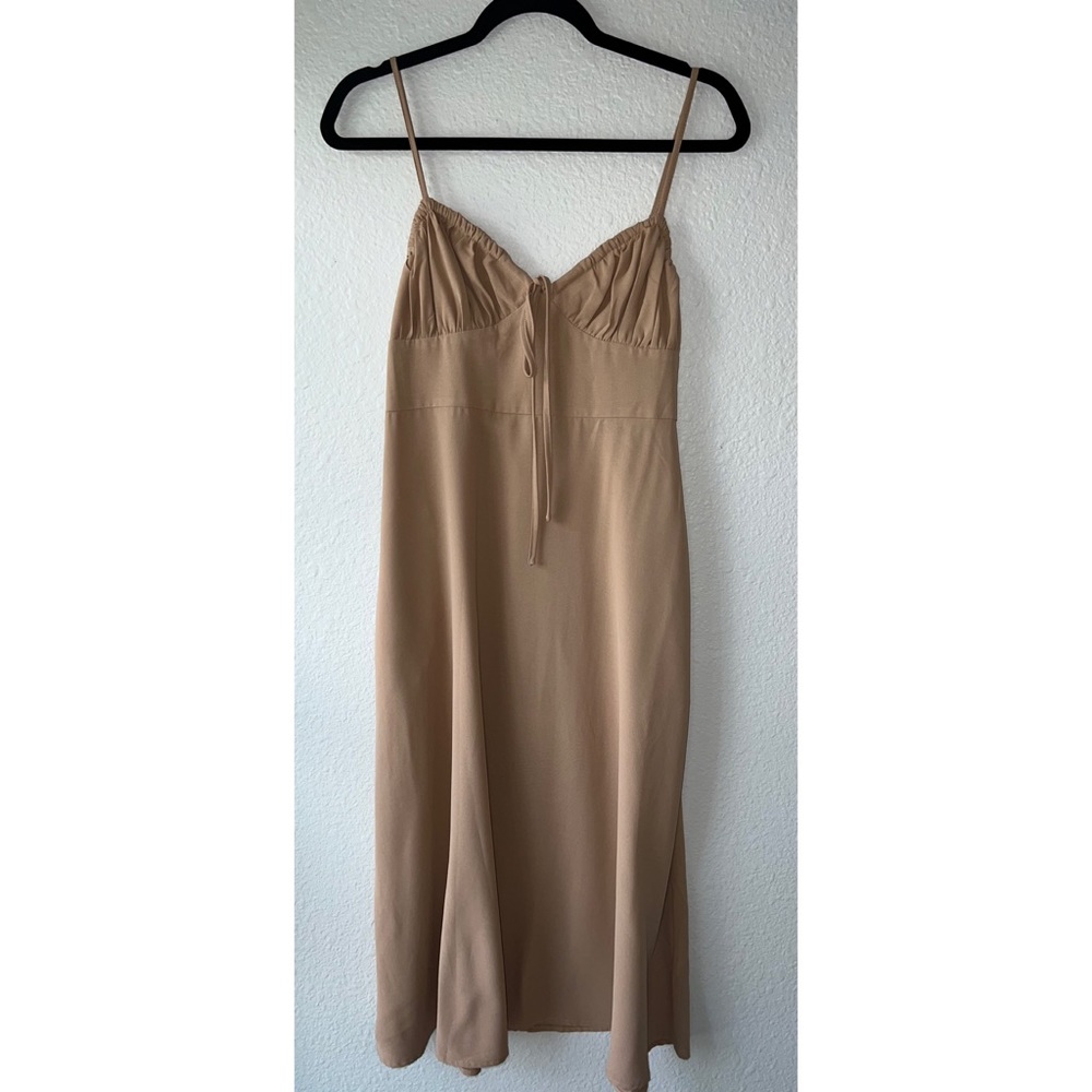 CAMELLIA Y2K Tan Beautiful Open Side Zipper MIDI Dress Size L. - Picture 3 of 12